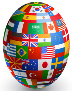 Stretched globe covered with national flags